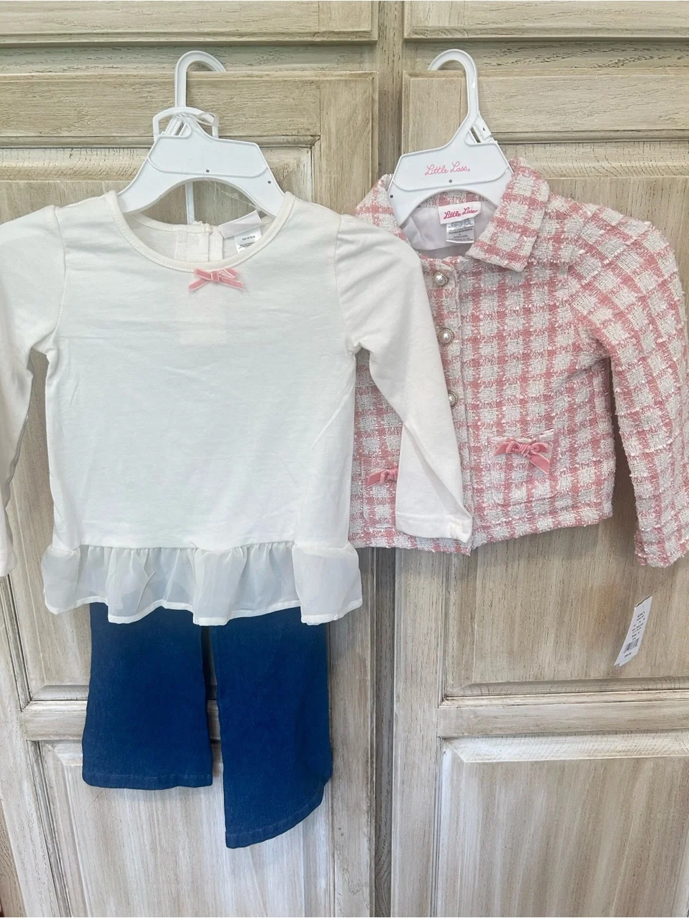 Pink & White Tweed jacket and jeans Set with White Ruffle Top - Picture 6 of 6
